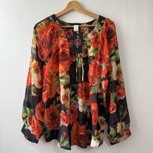 NEW Cocomo Blouse Women XL Black Floral Sheer Lon Sleeve Flowy Casual